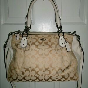 Coach Tan and White Shoulder Bag with Signature Monogram